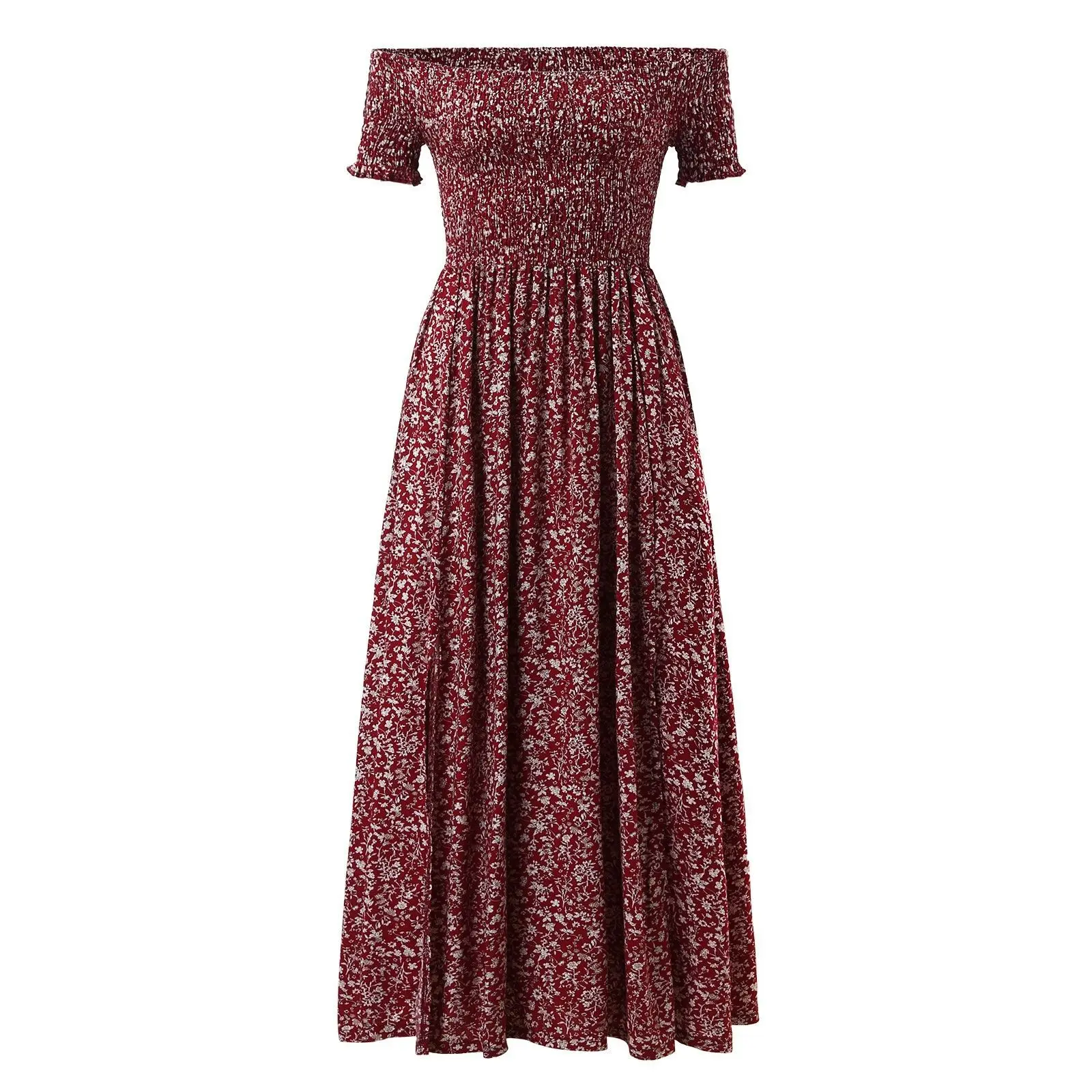 

2021 Summer Dress Women Slash Neck Floral Print Off Shoulder Dress Plus Size High Split Sexy Bohemian Beach Dresses
