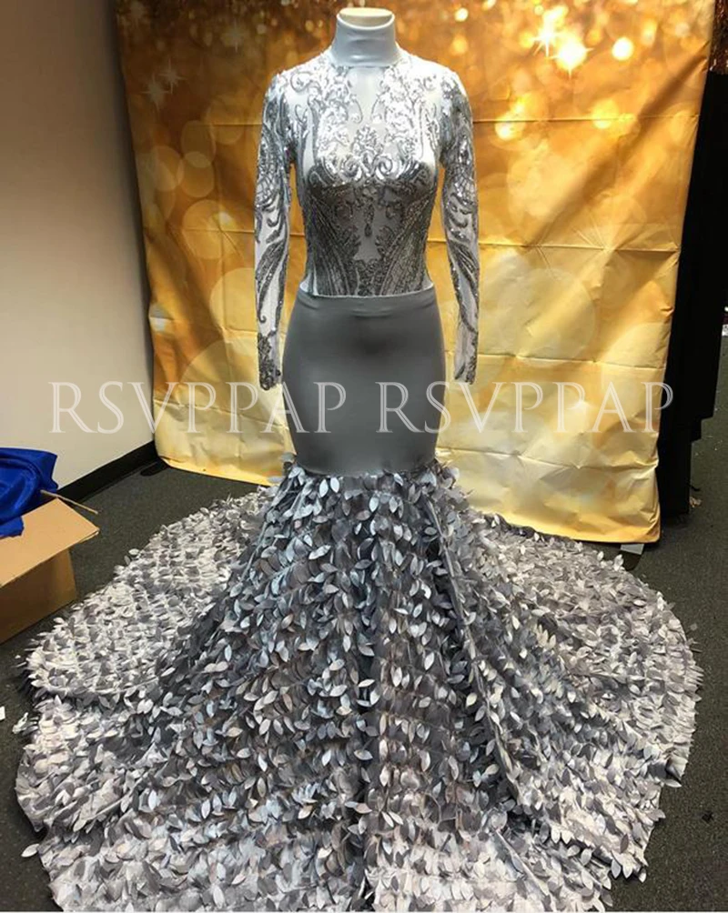 

African Girl Long Mermaid Prom Dresses Exuiqiste Sequin Top Petals Cusotom Made Long Sleeve Grey Prom Dress 2022