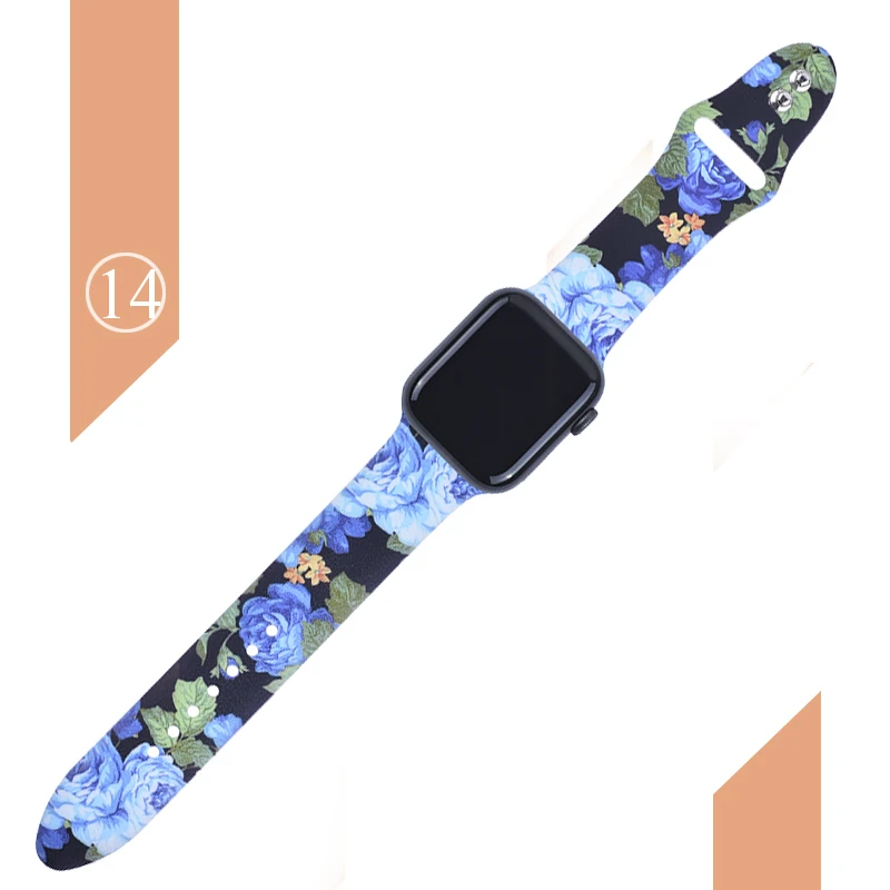 С цветочным узором ремешок для наручных часов Apple Watch 5 4 3 2 1 38/40 мм/42 44 мм мягкий печатным рисунком разноцветных силиконовых спортивный ремешок для наручных часов Iwatch, 4 Для женщин детей - Цвет ремешка: Color 14