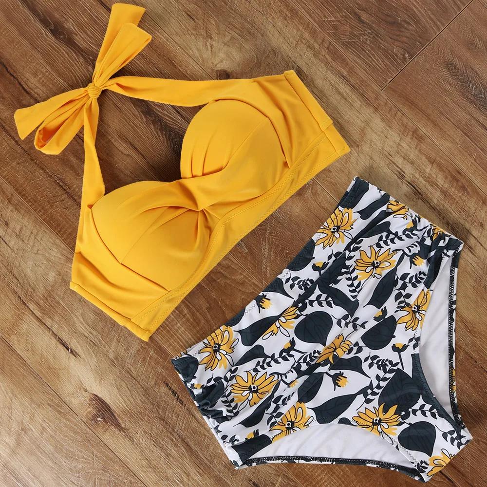 Бикини с высокой талией 2020 купальник цветочным принтом и леопардовым Новые
