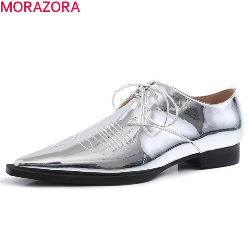 

Женские туфли с острым носком MORAZORA, черные повседневные туфли из натуральной кожи, на шнуровке, осень 2020