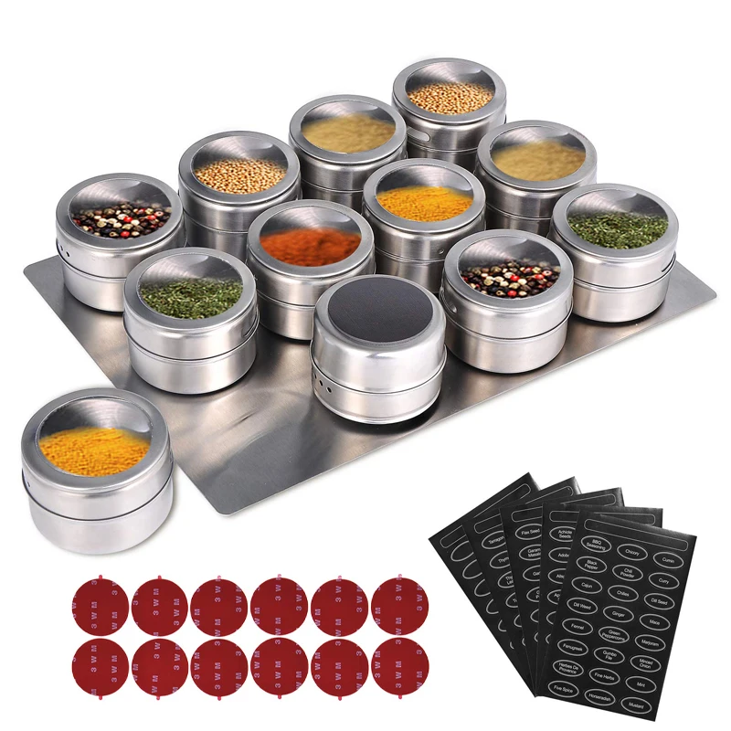 

2021 NEW Magnetic Spice Jars With Wall Mounted Rack Stainless Steel Spice Tins Spice Seasoning Containers With Spice Label