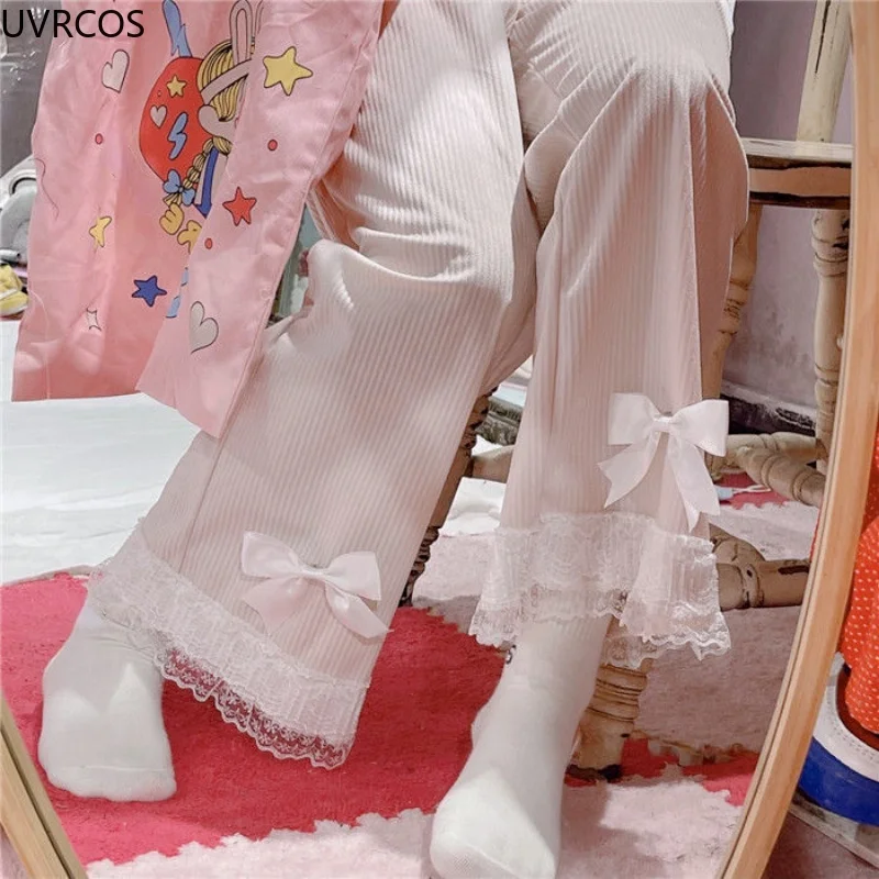 ญี่ปุ่น Lolita ผู้หญิง Kawaii สูงเอวกางเกง Corduroy หวานโบว์ลูกไม้กว้างขากางเกง Girly Vintage เสื้อผ้าน่ารักกางเก...
