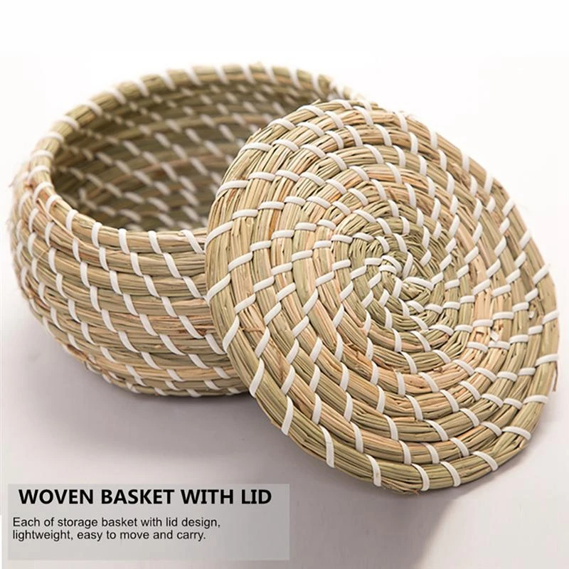 1 Pcs Straw Hand Woven Storage Baskets Wicker Basket with Lid Home Organization | Дом и сад