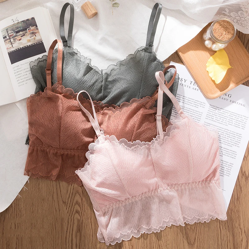 

Wasteheart For Women Pink Red Green Lace Sexy Lingerie Straps Padded Cotton Panties Wireless Sweet Bras Underwear Bralette