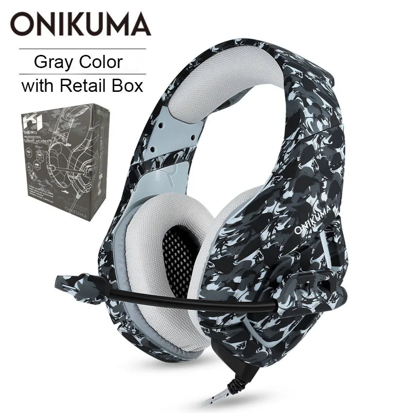 Gray Camo with Box ONIKUMA K1 PS4 гарнитура игровые наушники стерео шлем для IPad мобильного телефона Xbox One с микрофоном PC Gamer Bass Наушники - Цвет: Gray Camo with Box