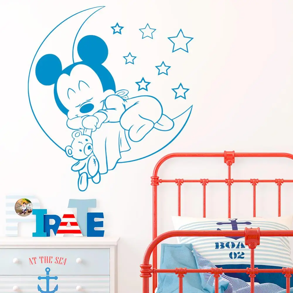 Виниловая наклейка на стену Disney милый спящий Микки Маус Луне со звездами для