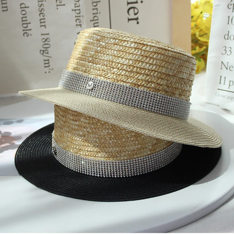Высокое качество соломенные шляпы для женщин канотье шапки Стразы буквы с