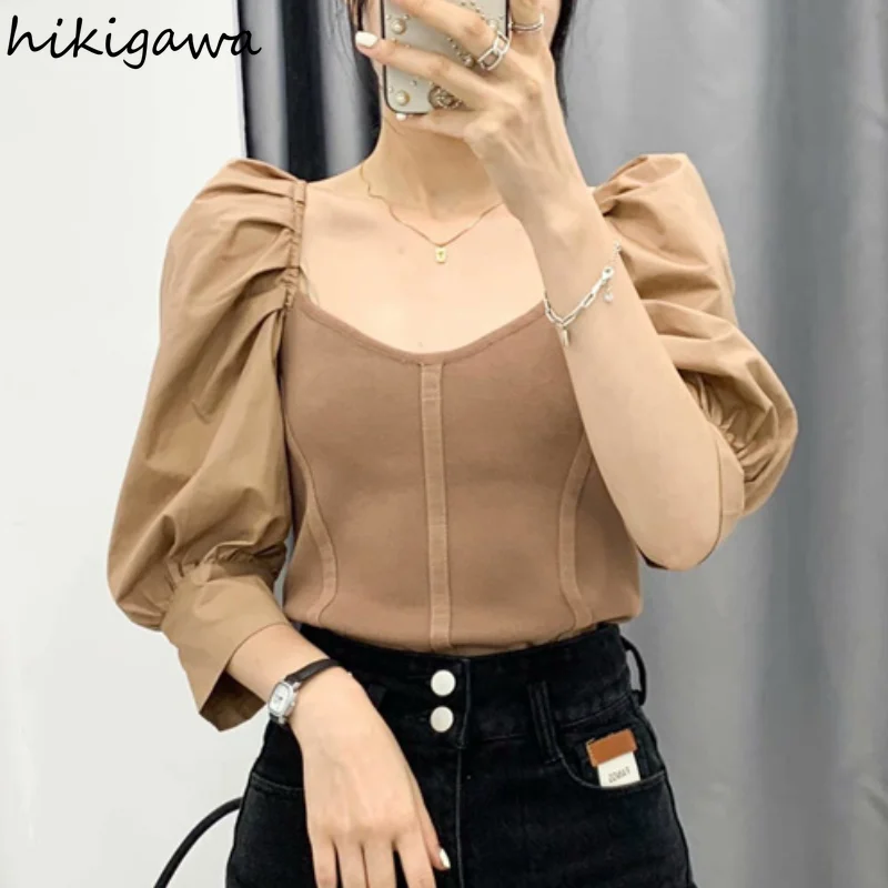 

Короткий свитер Hikigawa, однотонный, облегающий, элегантный, с пышными рукавами, вязаный, в стиле пэчворк, лето