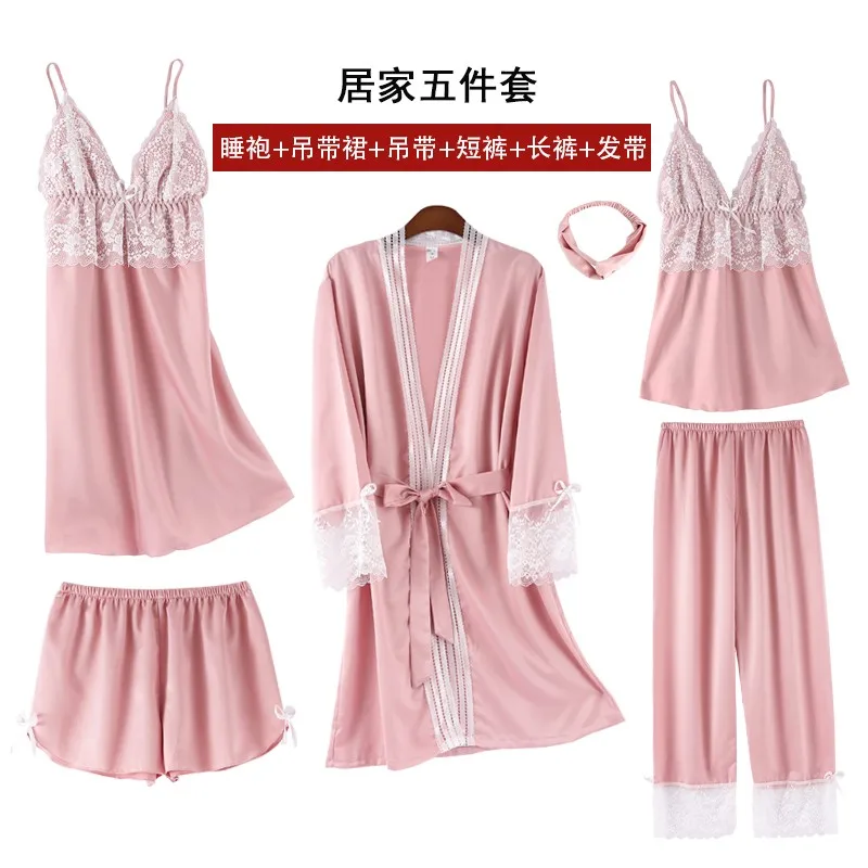 

Summer Women Pajama 5pc Sexy Lace Silk Luxury Pajama Sets Solid Pijama Femme Satin 5 Pieces Cool Loungewear Suit Free Shipping