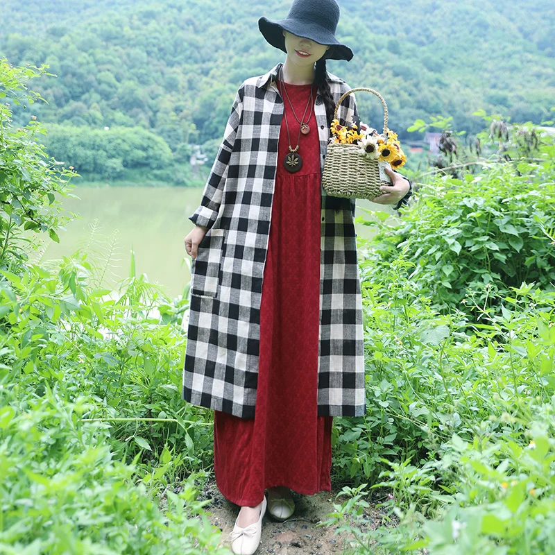 

2020 Autumn New Artistic Retro Jacquard round Neck Cotton and Linen Dress Loose Large Size Slim Looking Base Dress for Women