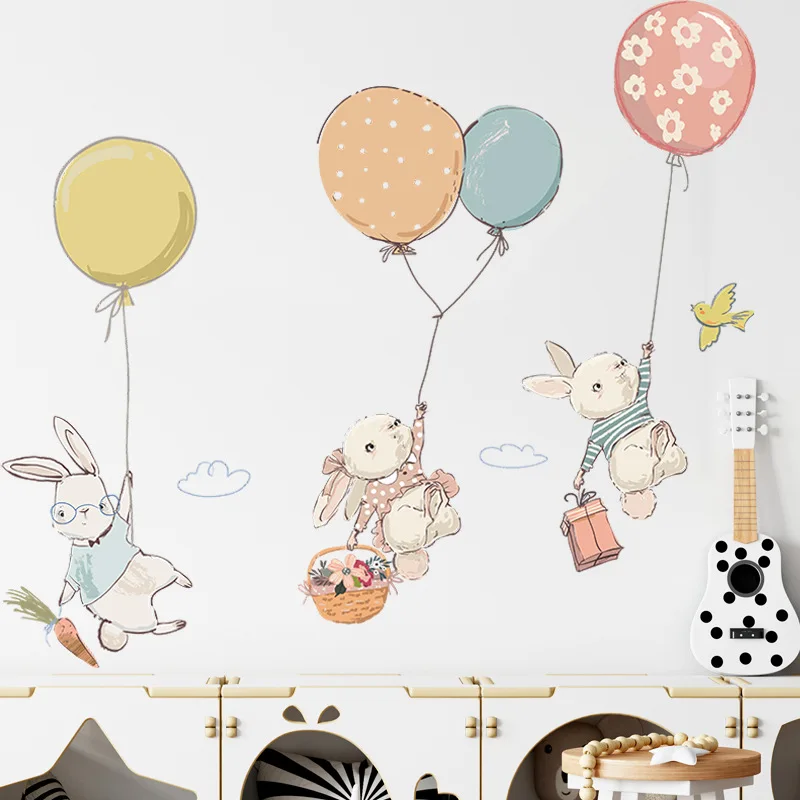 

Настенные наклейки с изображением воздушного шара кролика для детской комнаты, декор для детской комнаты, съемные настенные наклейки из ПВ...