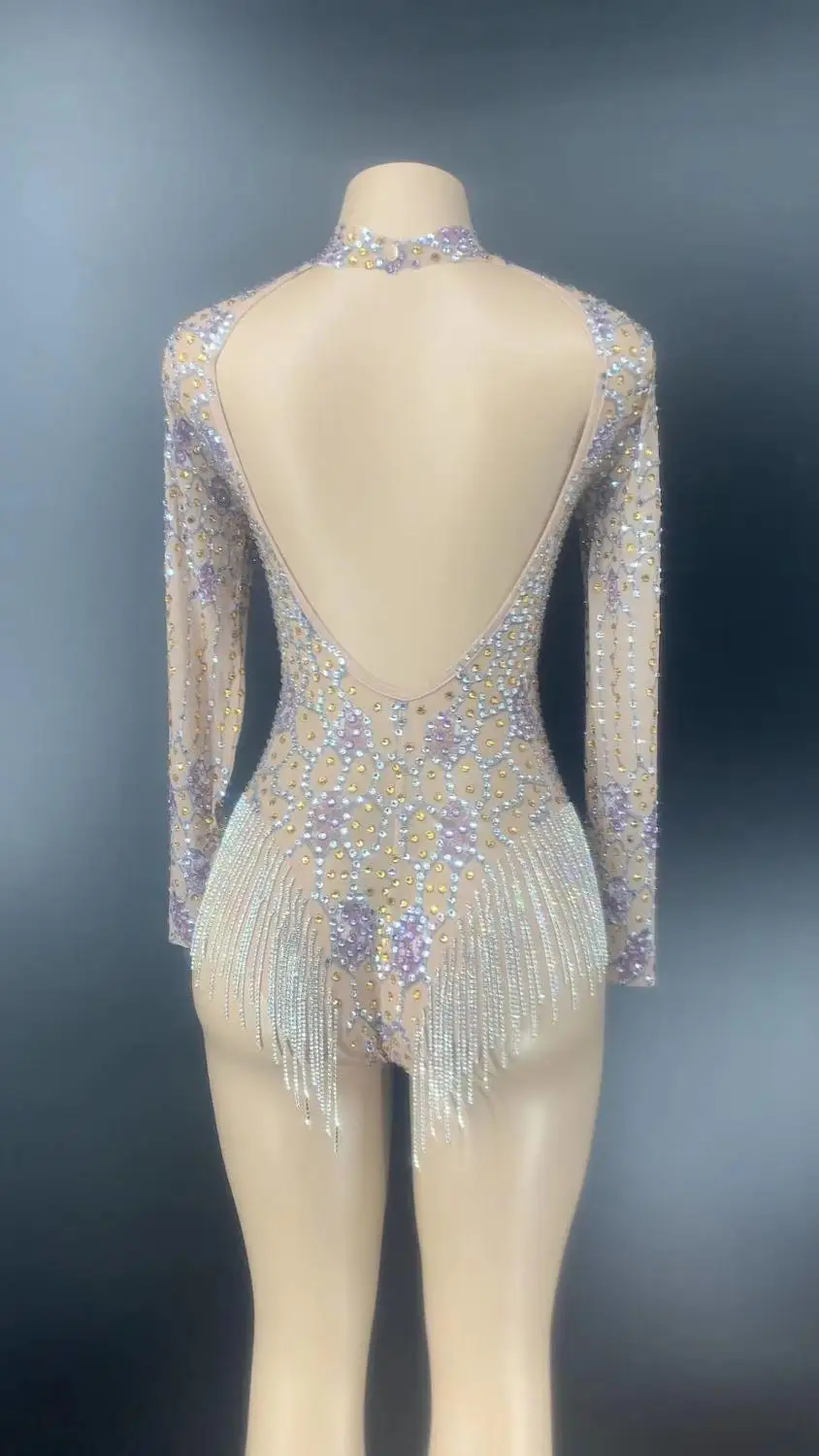 Shiny Purple Fringes Rhinestones Bodysuit Dance Show One-piece Sexy Costume Women's Performance Leotard Female Singer clothing