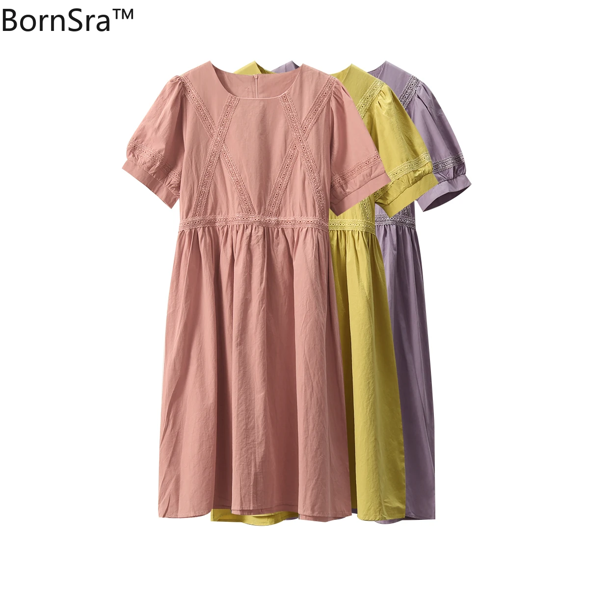 

Bornsra 2020 Summer Lace Stitching Hubble-bubble Sleeve Dress Female Knee-Length O-Neck Elegant Koreans Style Woman Dress Female