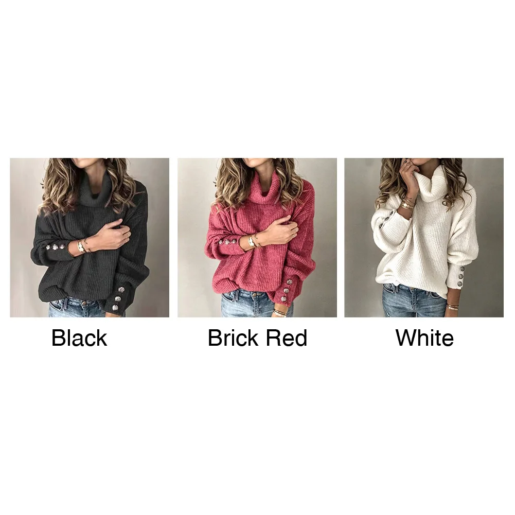 

Solid Basic Slim Fit Daily With Buttons Women Sweater Autumn Winter Fashion Puff Sleeve Warm Turtleneck Casual Thickened Knitted