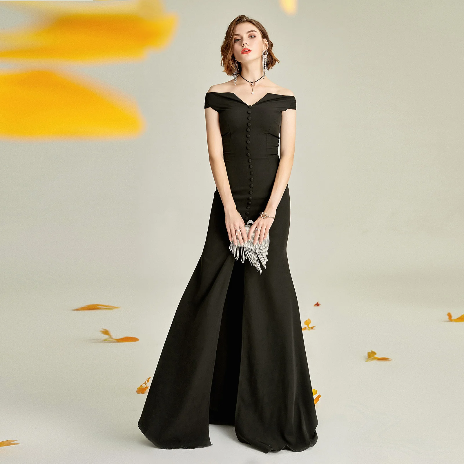 

Женское платье большого размера, летнее платье с вырезом лодочкой и пуговицами, Элегантное Черное длинное вечернее платье с открытыми плеч...