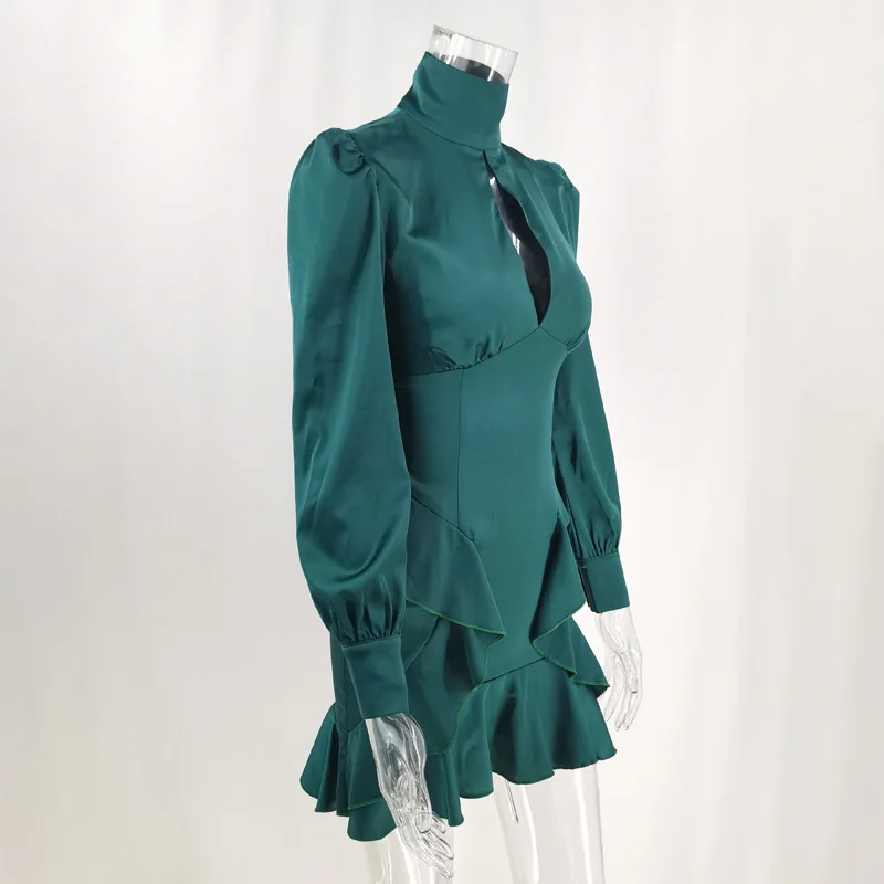 

Satin Bodycon Dress Women Summer Dress 2021 New Arrivals Ruffle Long Sleeve Green Dresses for Women Party Club Evening
