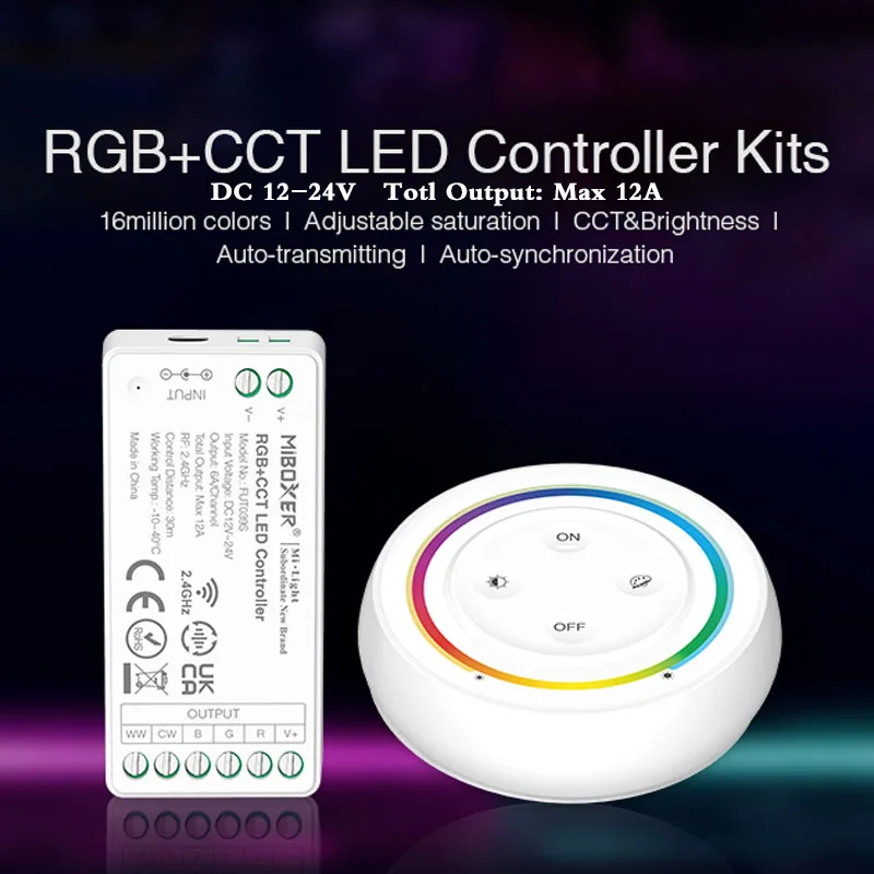 2.4G Wireless Dimmer Kits DC12V 24V RGB CCT LED Controller +Black/White Round Rainbow Remote;Wifi APP Voice Control need Gateway