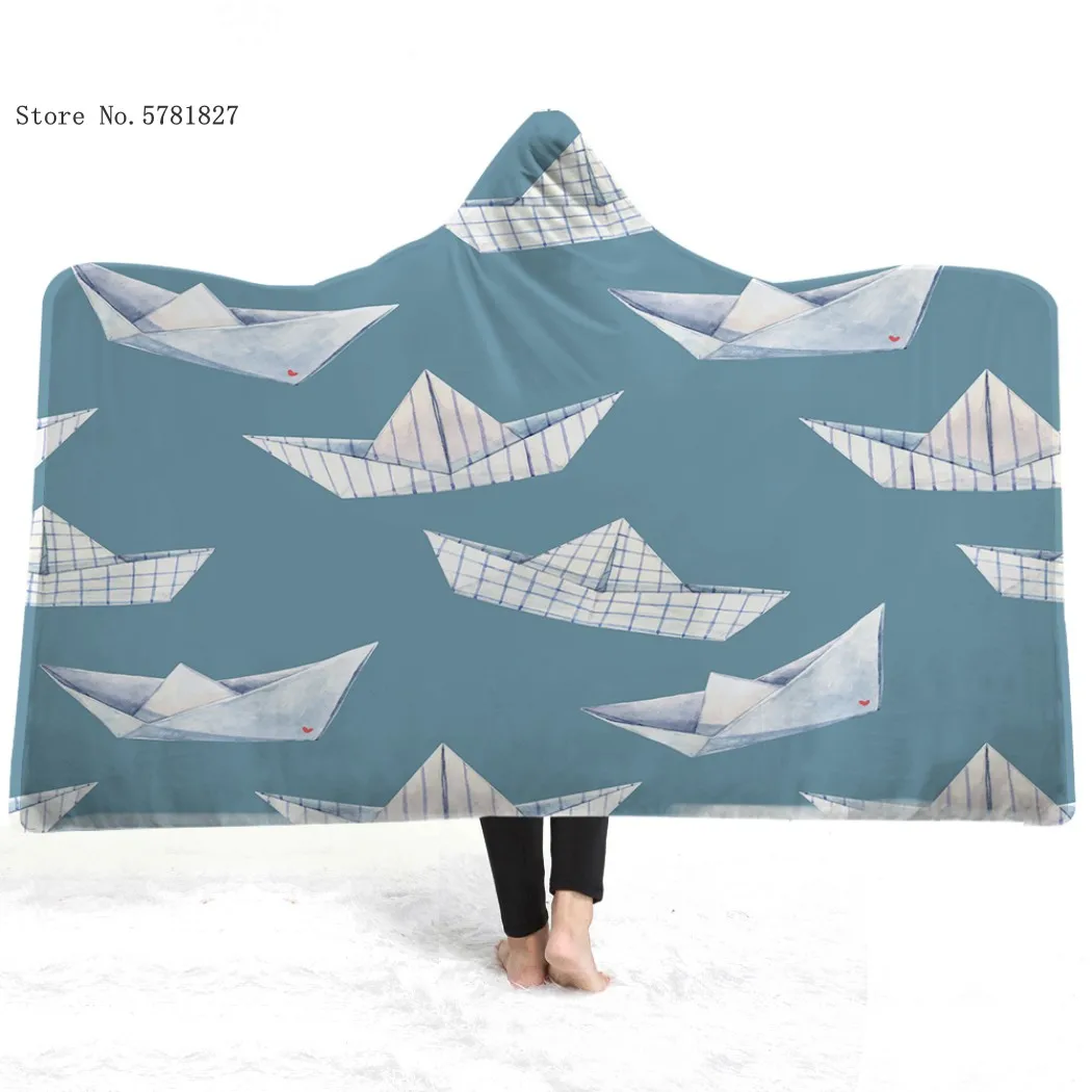 Thousand Paper Cranes Hooded Blanket Sailboat Fleece Nap Office Wearable Picnic Travel Throw Home Decor | Дом и сад