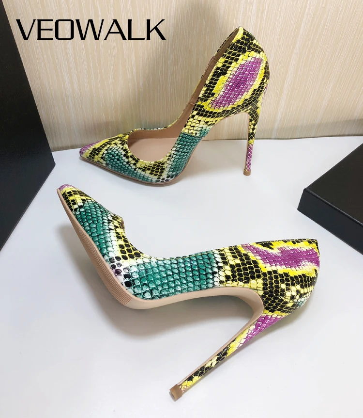 

Veowalk Colorful Snake Embossed Women Sexy Pointed Toe Extremely High Heels Ladies Slip On Stilettos Pumps Woman Party Shoes
