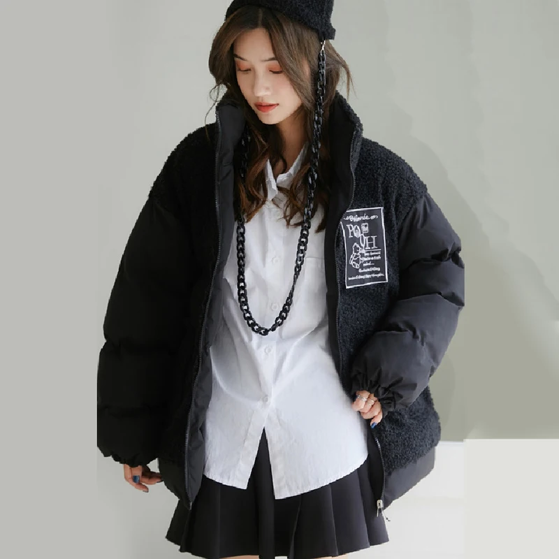 

LANMREM 2021 Winter Stand Collar Large Size Zipperfly Warm Two Face Wear Wool Black Patchwork Cotton Padded Coat Women 2A2283