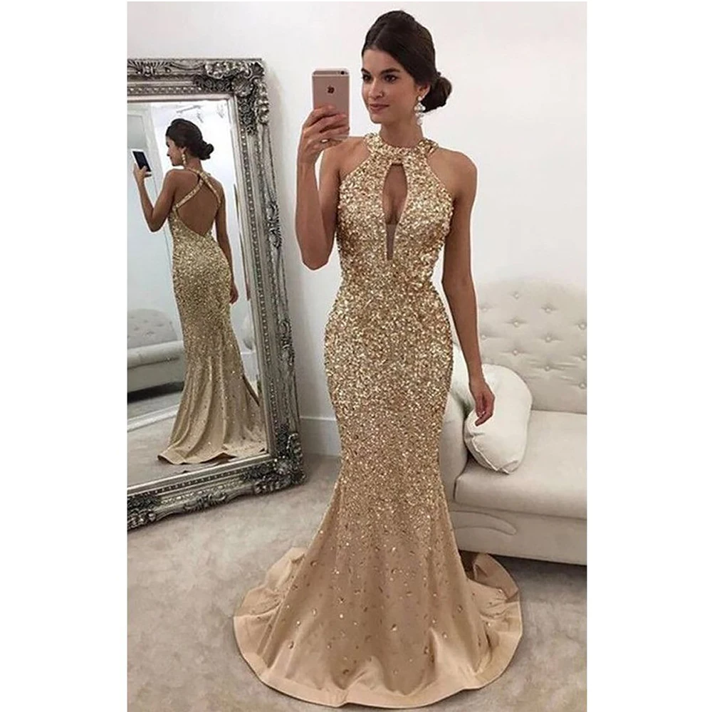 

2021Sleeveless Halter Sequin Mermaid Prom Dresses Sleeveless Sweep Train Party Dresses Beads Evening Dresses Elegant Gowns