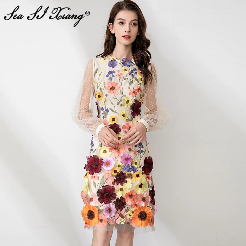 

Seasixiang Fashion Designer Autumn Dress Women O-Neck Mesh Long Sleeve Embroidery Appliques Vintage Short Dresses