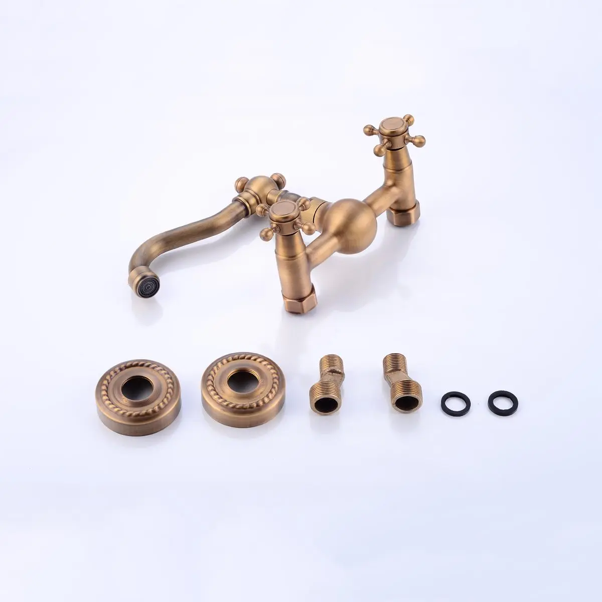 

Basin Faucets Antique Brass Wall Mounted Kitchen Bathroom Sink Faucet Dual Handle Swivel Spout Hot Cold Water Tap