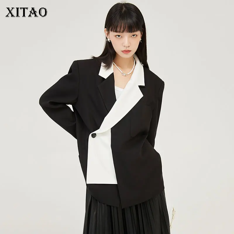 

XITAO, новинка, Женский блейзер, пальто, асимметричный контрастный цвет, с отложным воротником, свободный, модный, Осень-зима, универсальная, ...