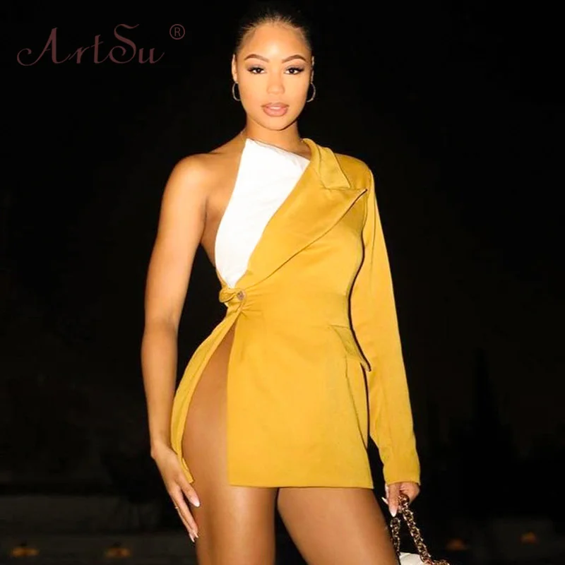 

ArtSu Patchwork Color Block Yellow Blazer Dress Woman One Shoulder High Split Sexy Party Dresses 2021 Autumn Mini Dress Club