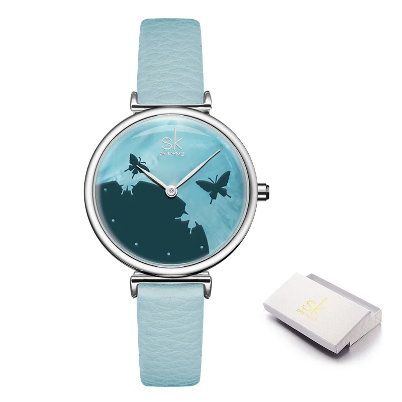 blue with box Shengke SK женские часы романтический Сельский циферблат кожаный ремешок для часов женские часы повседневные кварцевые наручные часы Montre Femme - Цвет: blue with box