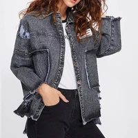 new 2021 autumn casual women jacket long sleeve denim patch work solid single breasted grey suit fall clothes for ladies