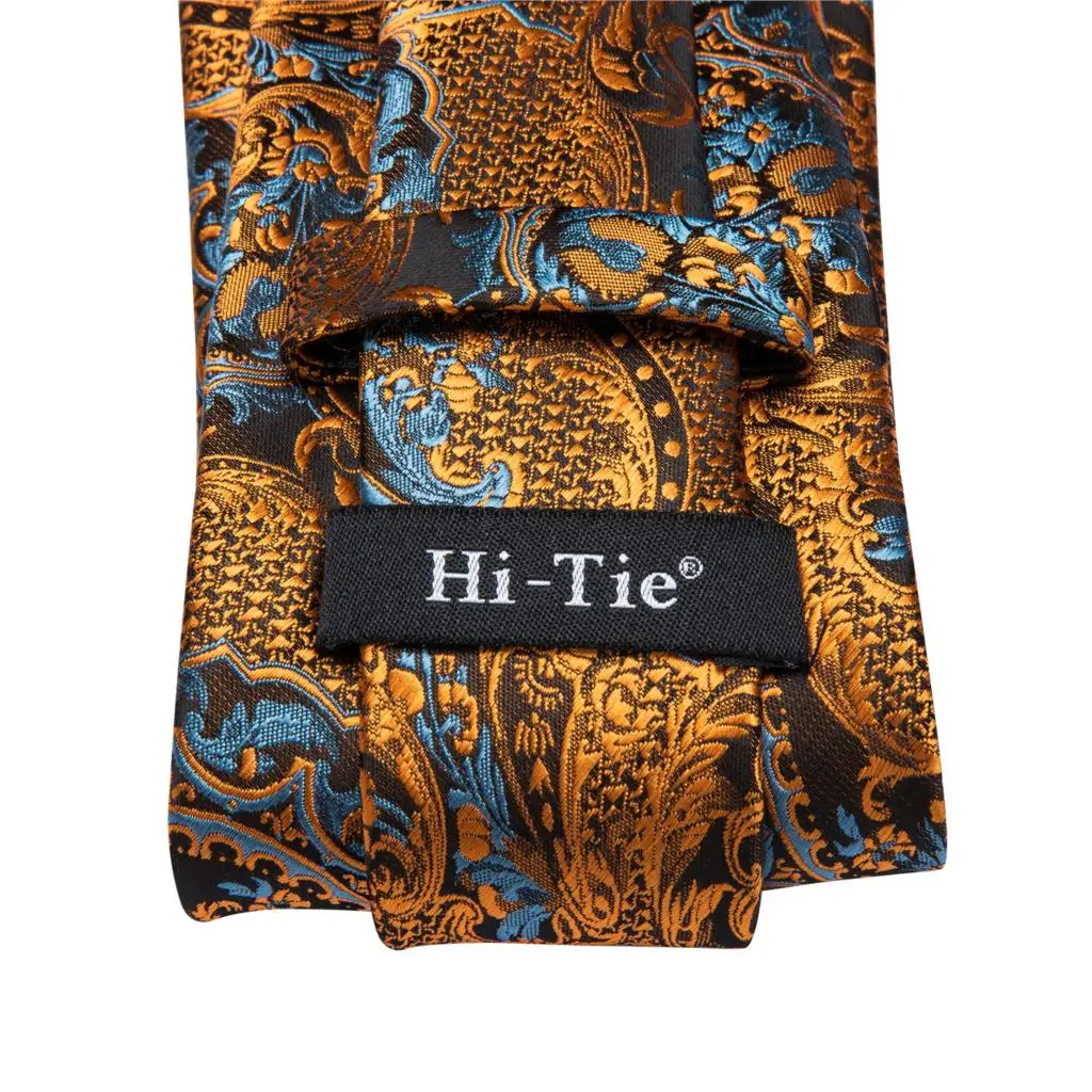 Hi-Tie шелк роскошные мужские галстуки цветочный черный золотистые Галстуки Пейсли галстук карманные Квадратные запонки набор мужской свадебный галстук
