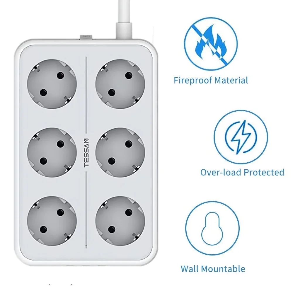 

TESSAN EU Electrical Socket Power Strip With 6 Way Outlets and 3 USB Ports Switch 2M Socket Extension Cable Overload Protection