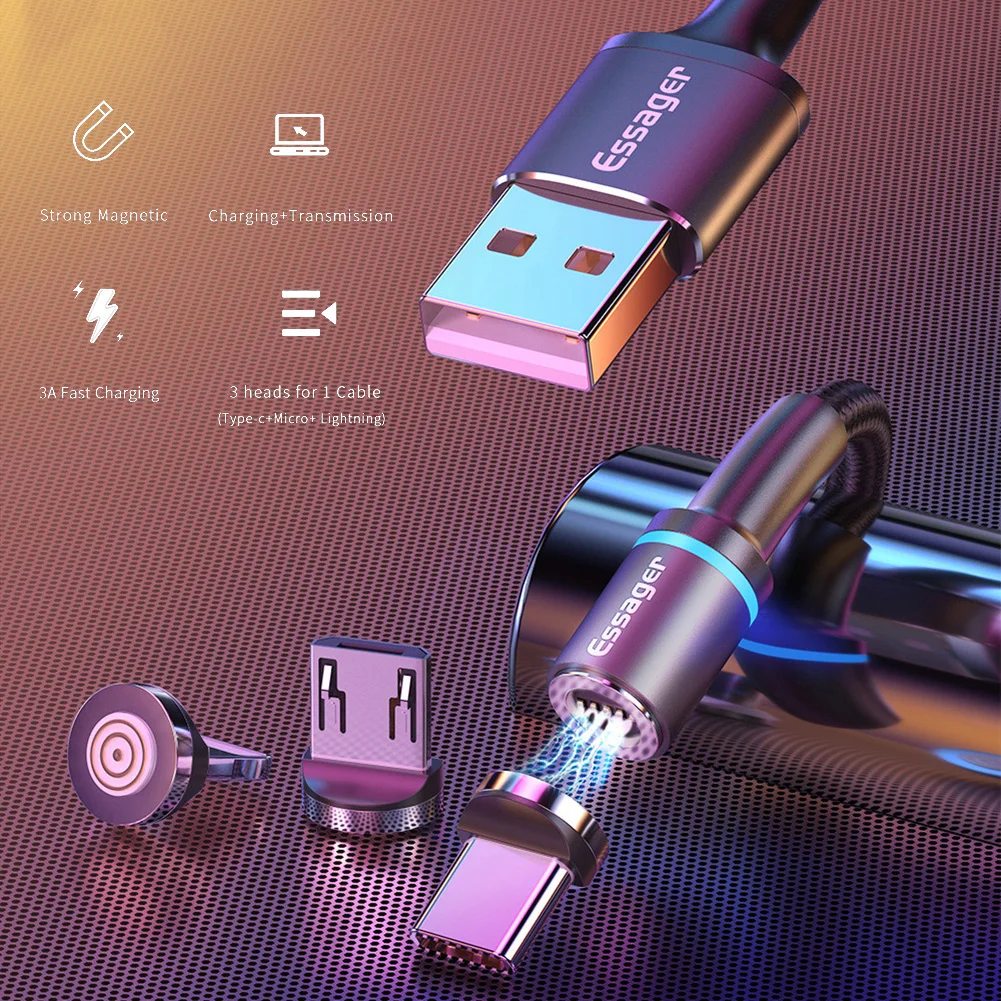 Магнитный кабель Micro USB Essager для IPhone samsung Android, кабель USB для быстрой зарядки, 3 м шнур, Магнитный адаптер зарядного устройства