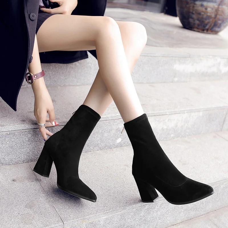 

2021 Winter New Ladies Pointed Shallow Mouth High Heel Boots Female Fashion Comfortable Casual Versatile Flock Boots Mujer