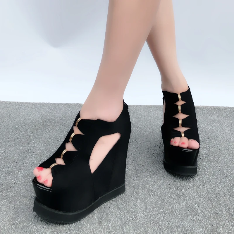 Wedges 15cm High Heel Shoes Night Club Summer Sandals For Women Platform Black women sandals | Обувь