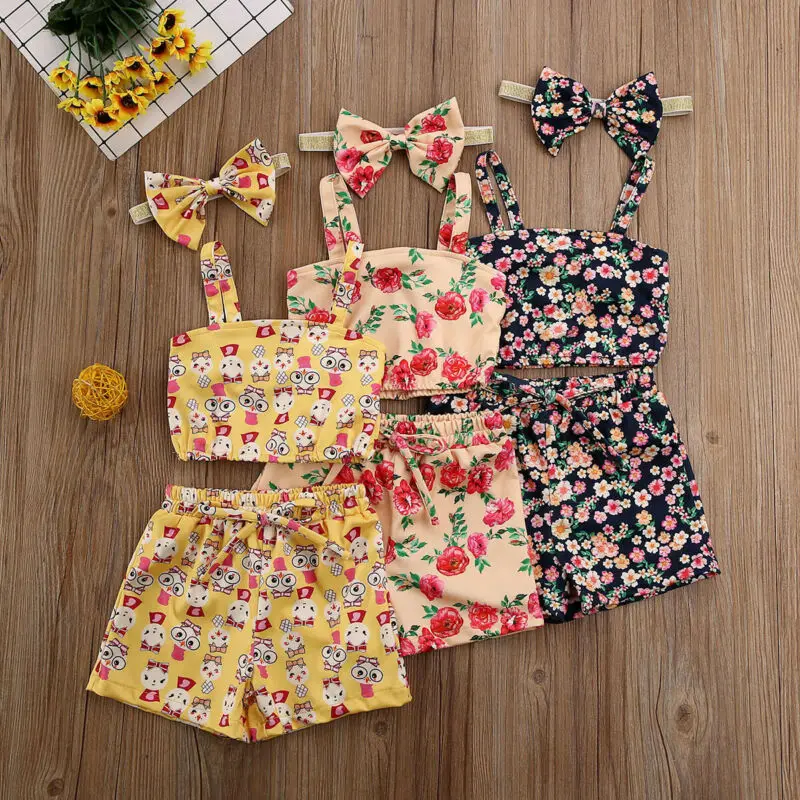 Одежда с цветочным принтом для маленьких девочек 0 5 лет 3 предмета укороченный