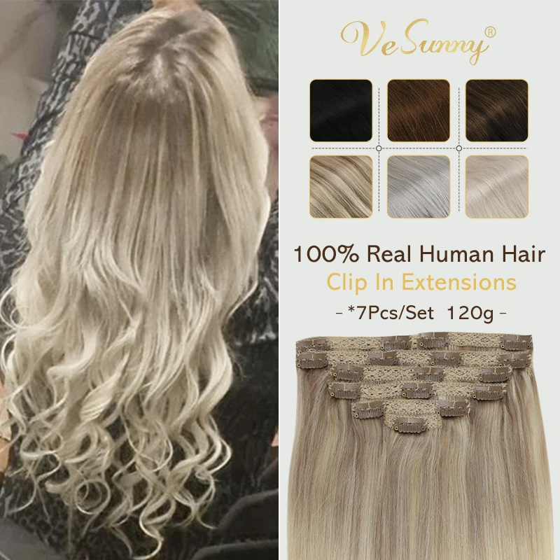 VeSunny Clip in Hair Extensions Machine Made Remy Human Hair for Women Silky Straight Human Hair Clip in Extensions Double Weft