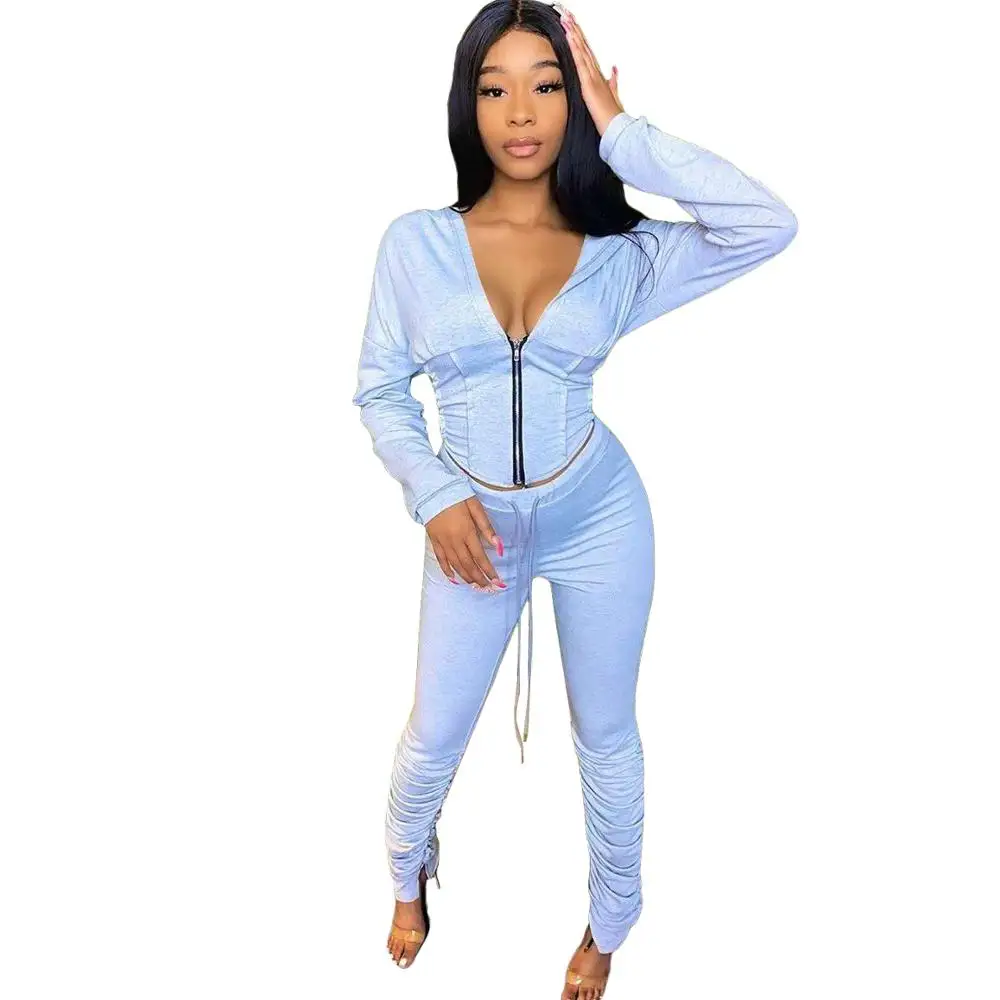 

Reals Sample Women Solid Pleated Two Piece Sets Hot Selling Lady's Sexy V-neck Zipper Coats Lace-up Stacked Pants Nightclub Set