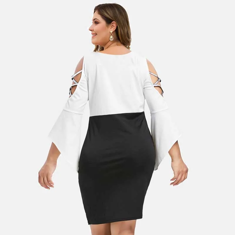 Wipalo Plus Size 5XL Criss Cross Flare Sleeve Fitted Dress Cold Shoulder V Neck Knee Length Bodycon Lace Appliqued Vestido | Женская
