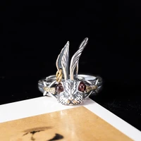 vla 925 silver retro gold color punk ring womens fashion personality long ear rabbit ring adjustable size accessories