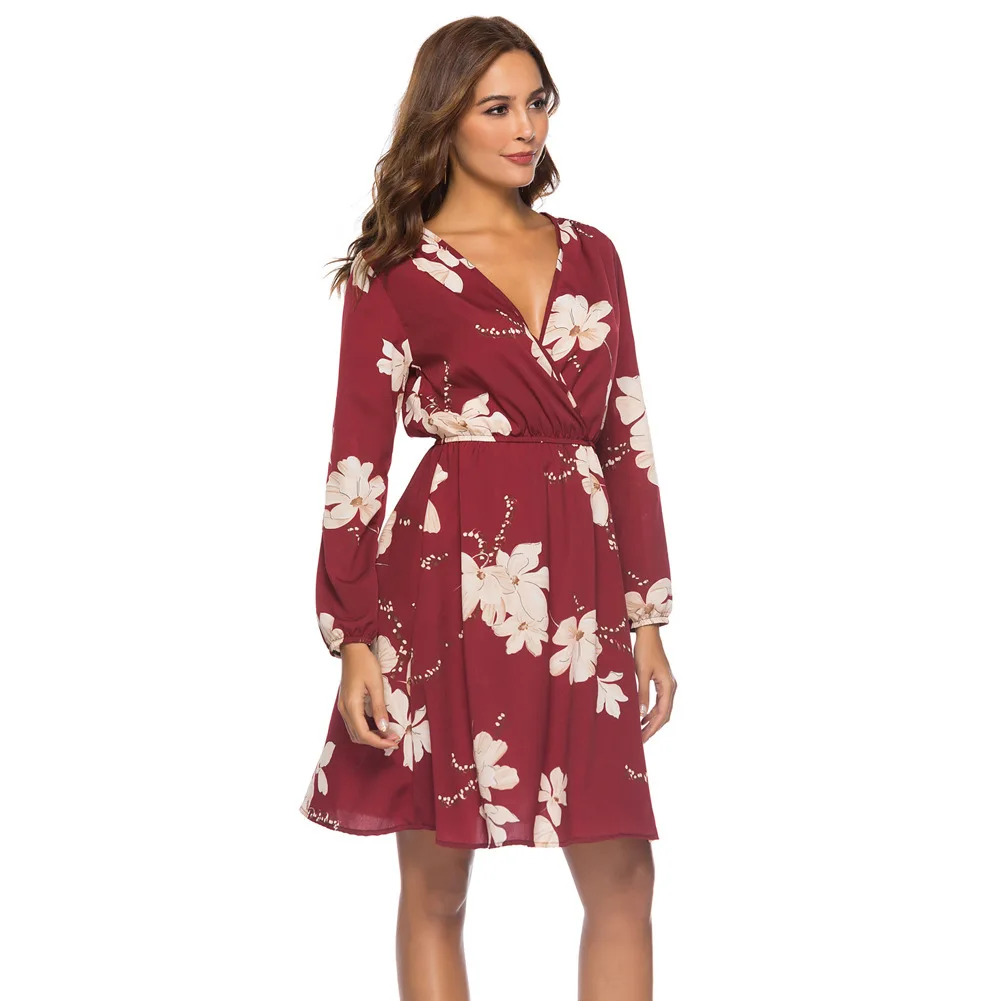 2019 Новое шифоновое осеннее платье с длинными рукавами и принтом женское пляжное