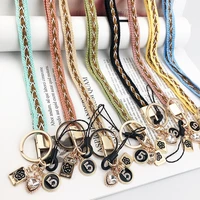 braided lanyard neck strap for mobile phones charm with bling metal rhinestone keychain id cards badge holder accessories