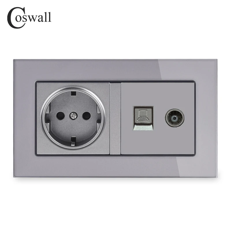 coswall eu standard wall socket female tv jack with internet computer data rj45 cat5e connector tempered crystal glass panel free global shipping