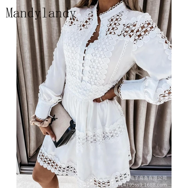 

Mandylandy осеннее платье с длинным рукавом, однотонное однобортное платье с круглым вырезом, женское Кружевное облегающее платье с вышивкой