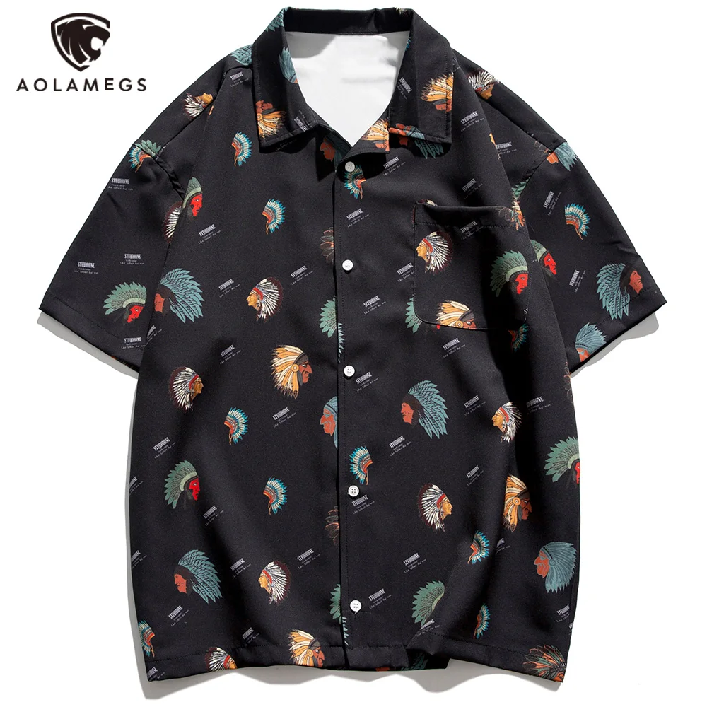 

Aolamegs Men's Shirts Summer Short Sleeve Funny Print Casual Shirts Harajuku Streetwear Holiday Hawaiian Style Beach Anime Shirt