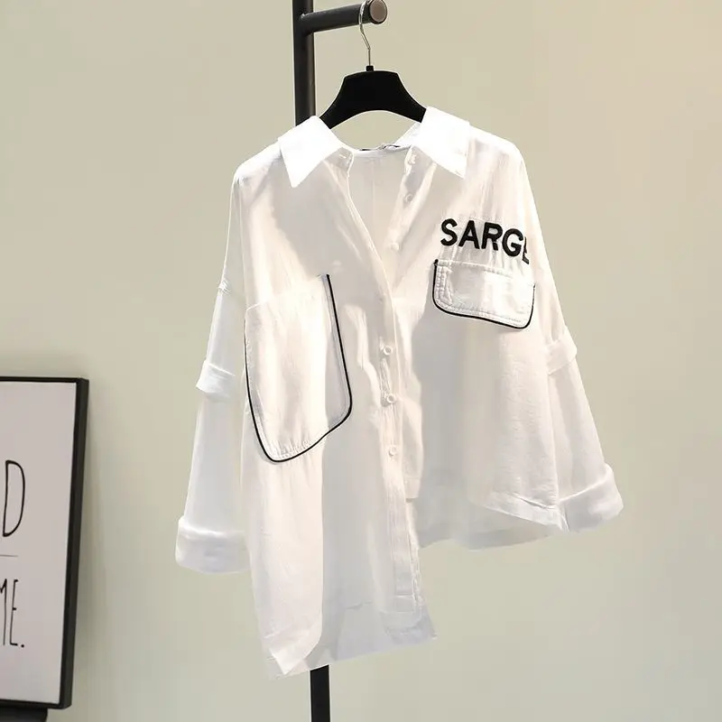 

Cotton embroidered letter irregular shirt female 2021 spring and summer new Korean loose casual Baita top