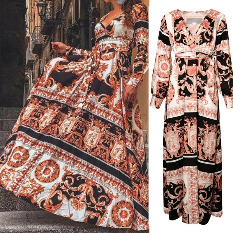 Женская одежда 2019 макси платья для женщин v-образным вырезом с длинным рукавом