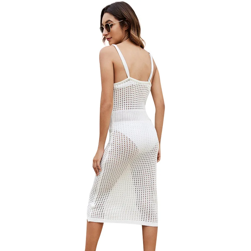 

Women Summer Clothing 2021 Cover Up Dress Beach Exit Sexy Hollow Out Knit Condole Blouses Neck Knitted Print Polyester Sierra